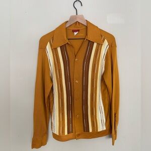 70’s Vintage Panel Knit Mustard Vertical Stripe Button-Up Shirt Brown Cream